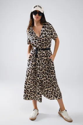 Short Sleeve Shirt Midi Dress With Belt In Leopard Print