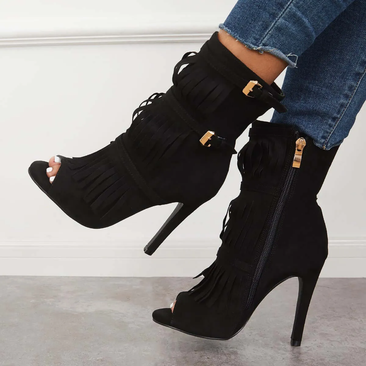 Sohiwoo Fashion Fringe Peep Toe Stilettos High Heels Ankle Boots
