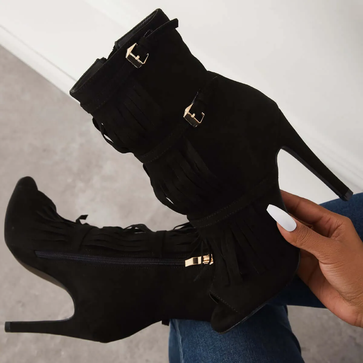 Sohiwoo Fashion Fringe Peep Toe Stilettos High Heels Ankle Boots