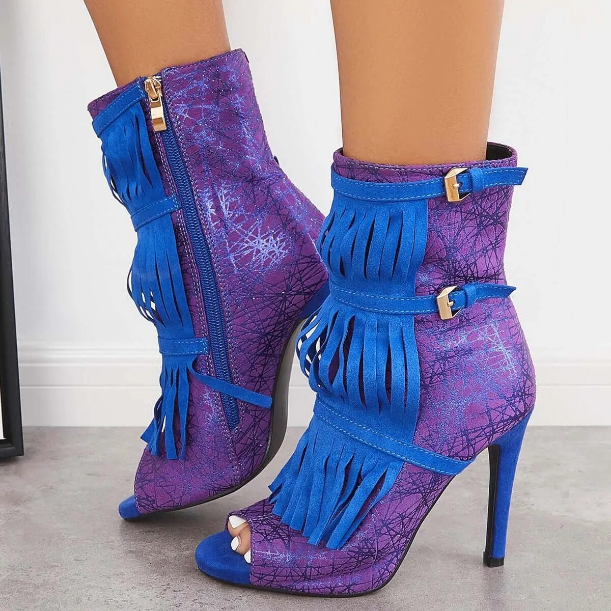 Sohiwoo Fashion Fringe Peep Toe Stilettos High Heels Ankle Boots