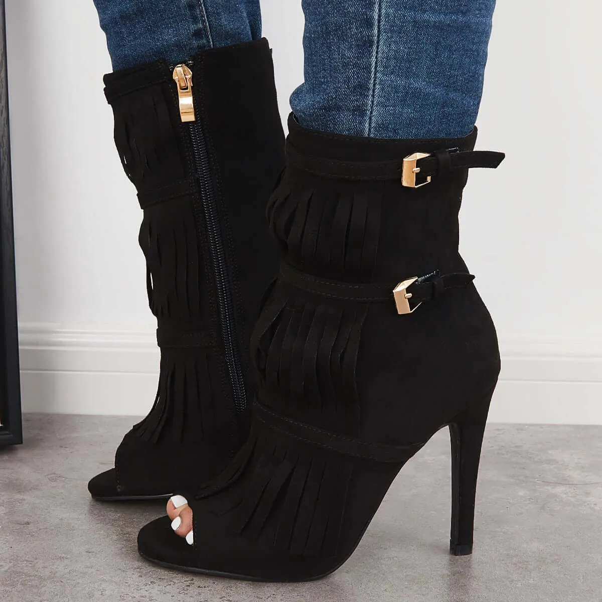 Sohiwoo Fashion Fringe Peep Toe Stilettos High Heels Ankle Boots