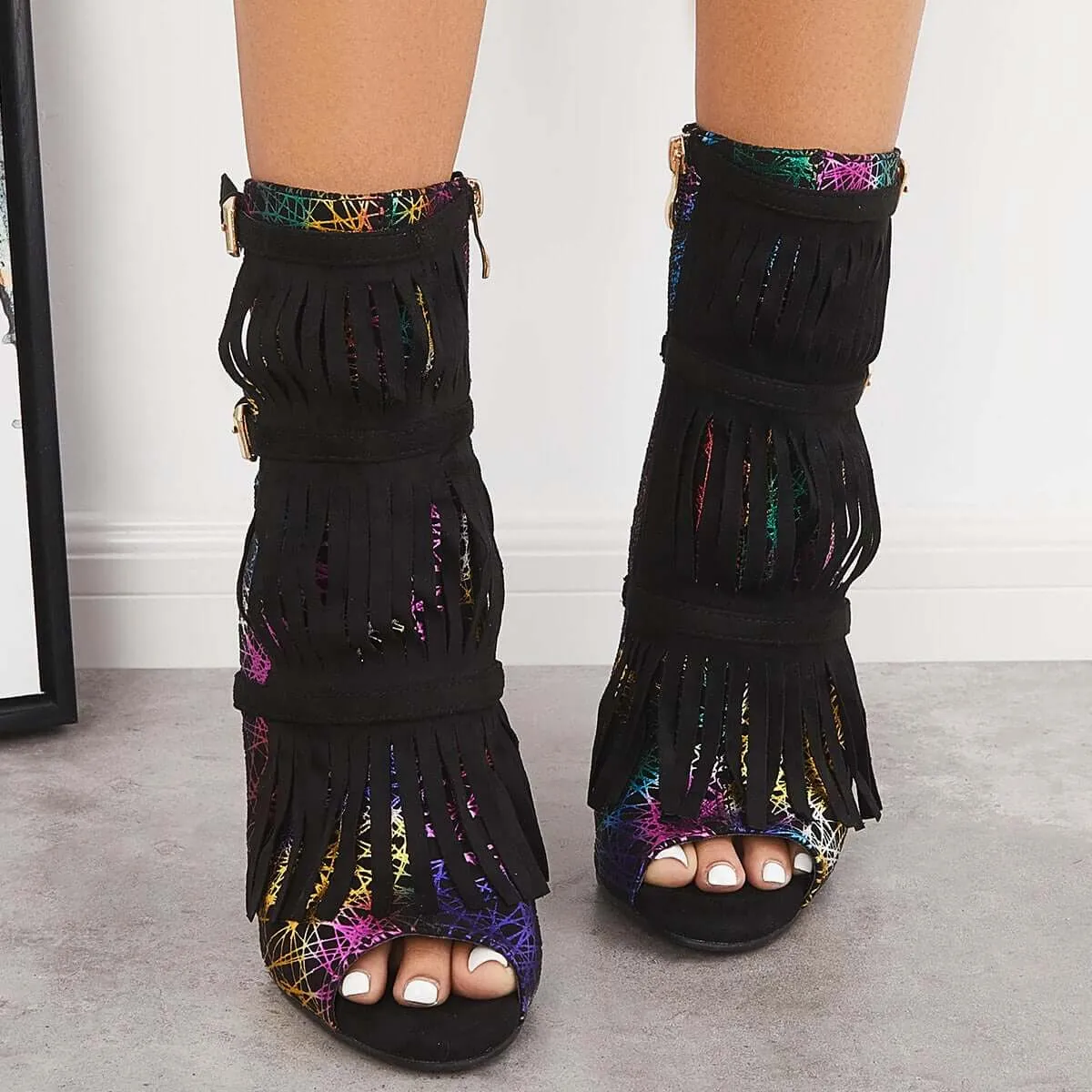 Sohiwoo Fashion Fringe Peep Toe Stilettos High Heels Ankle Boots