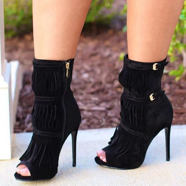 Sohiwoo Fashion Fringe Peep Toe Stilettos High Heels Ankle Boots