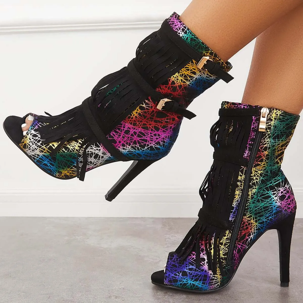 Sohiwoo Fashion Fringe Peep Toe Stilettos High Heels Ankle Boots
