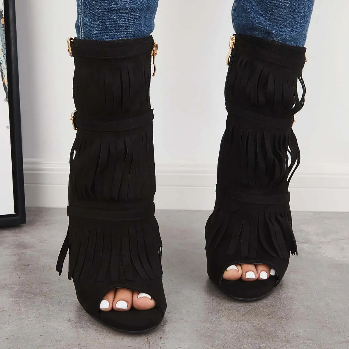Sohiwoo Fashion Fringe Peep Toe Stilettos High Heels Ankle Boots