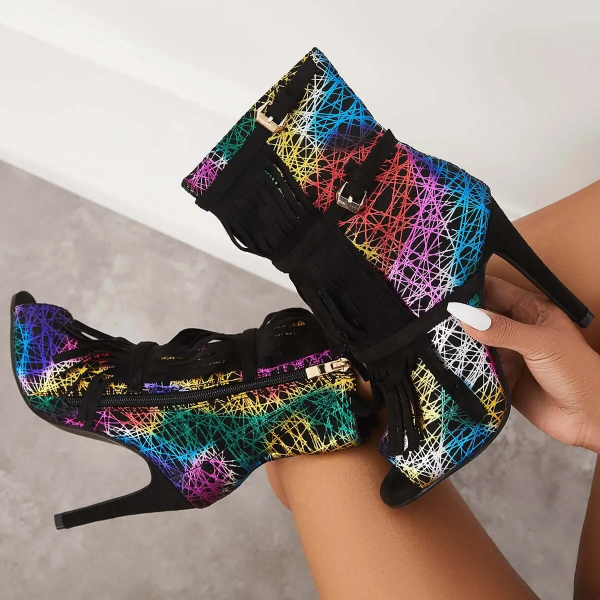 Sohiwoo Fashion Fringe Peep Toe Stilettos High Heels Ankle Boots