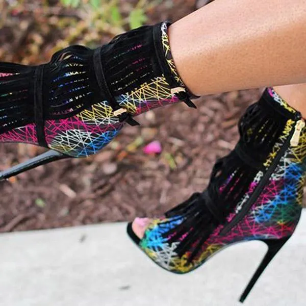 Sohiwoo Fashion Fringe Peep Toe Stilettos High Heels Ankle Boots