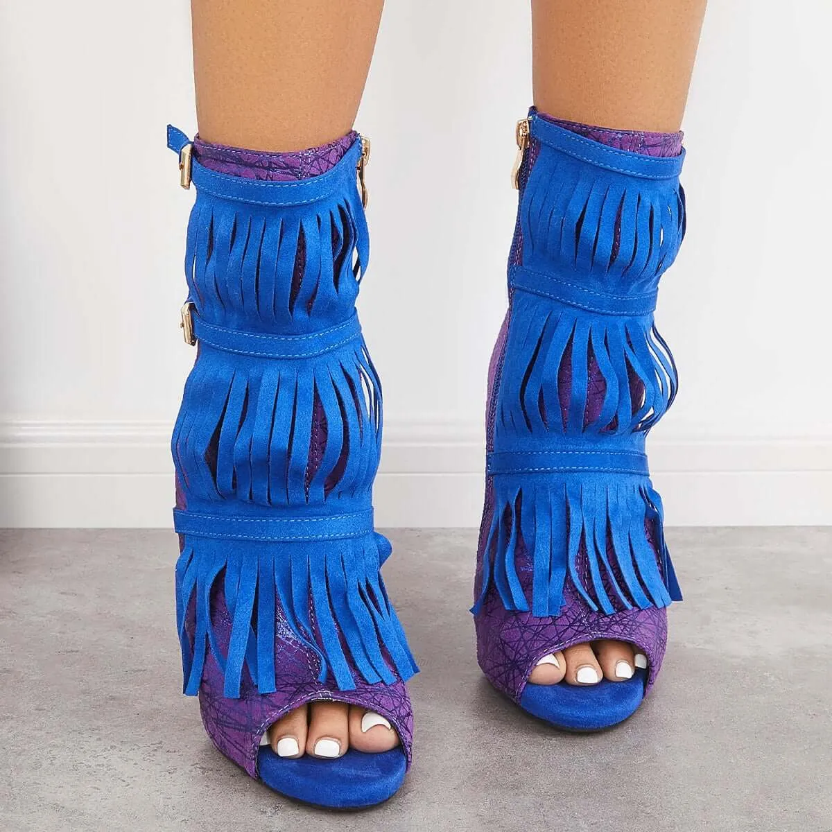 Sohiwoo Fashion Fringe Peep Toe Stilettos High Heels Ankle Boots
