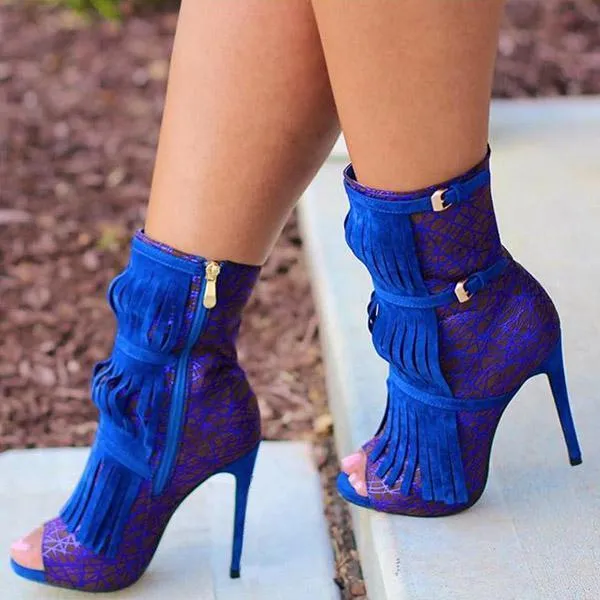 Sohiwoo Fashion Fringe Peep Toe Stilettos High Heels Ankle Boots