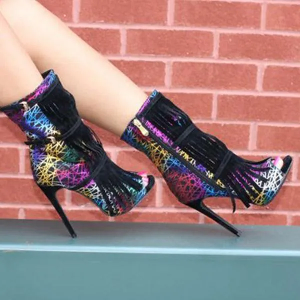 Sohiwoo Fashion Fringe Peep Toe Stilettos High Heels Ankle Boots