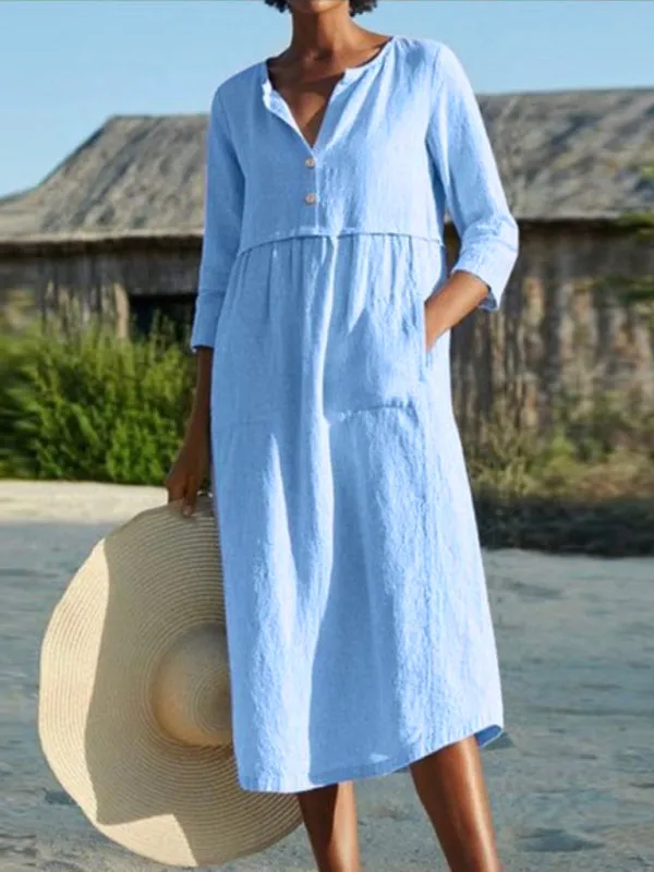 Solid Cotton-Linen Relaxed Straight Midi Dress