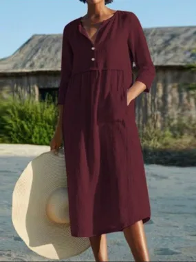 Solid Cotton-Linen Relaxed Straight Midi Dress
