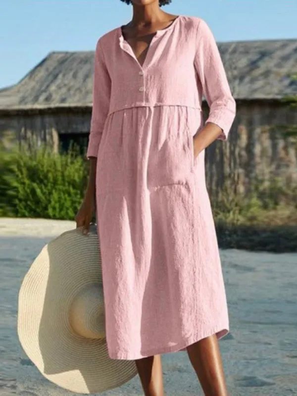 Solid Cotton-Linen Relaxed Straight Midi Dress