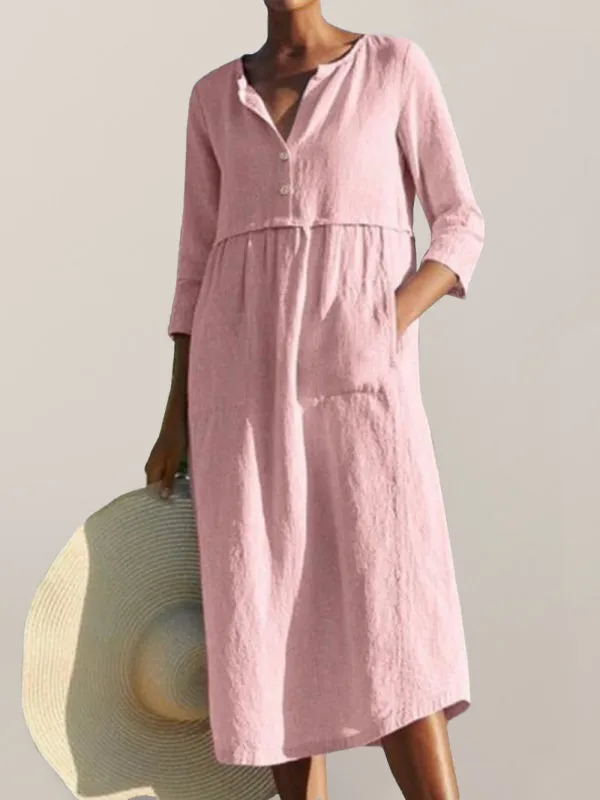 Solid Cotton-Linen Relaxed Straight Midi Dress