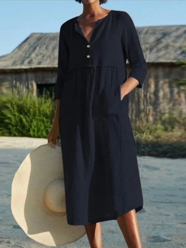 Solid Cotton-Linen Relaxed Straight Midi Dress