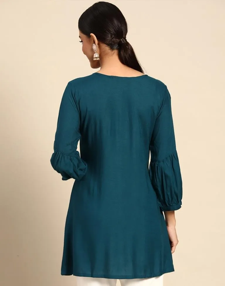 Teal Embroidered Casual Tops