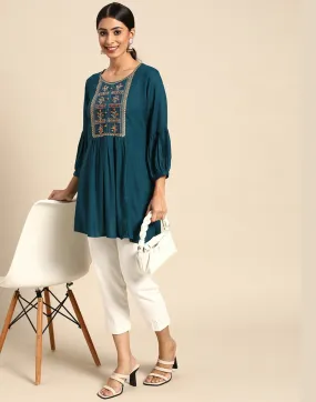 Teal Embroidered Casual Tops