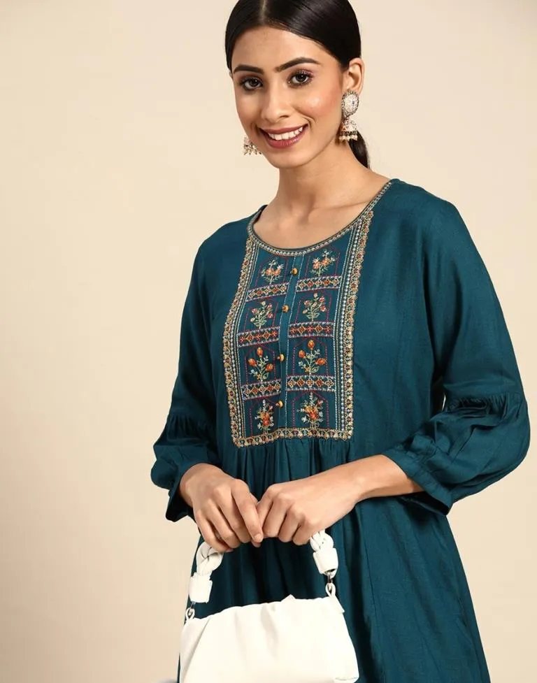 Teal Embroidered Casual Tops