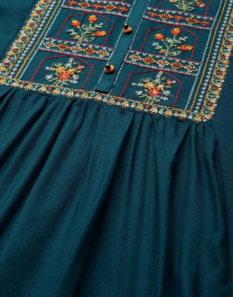 Teal Embroidered Casual Tops