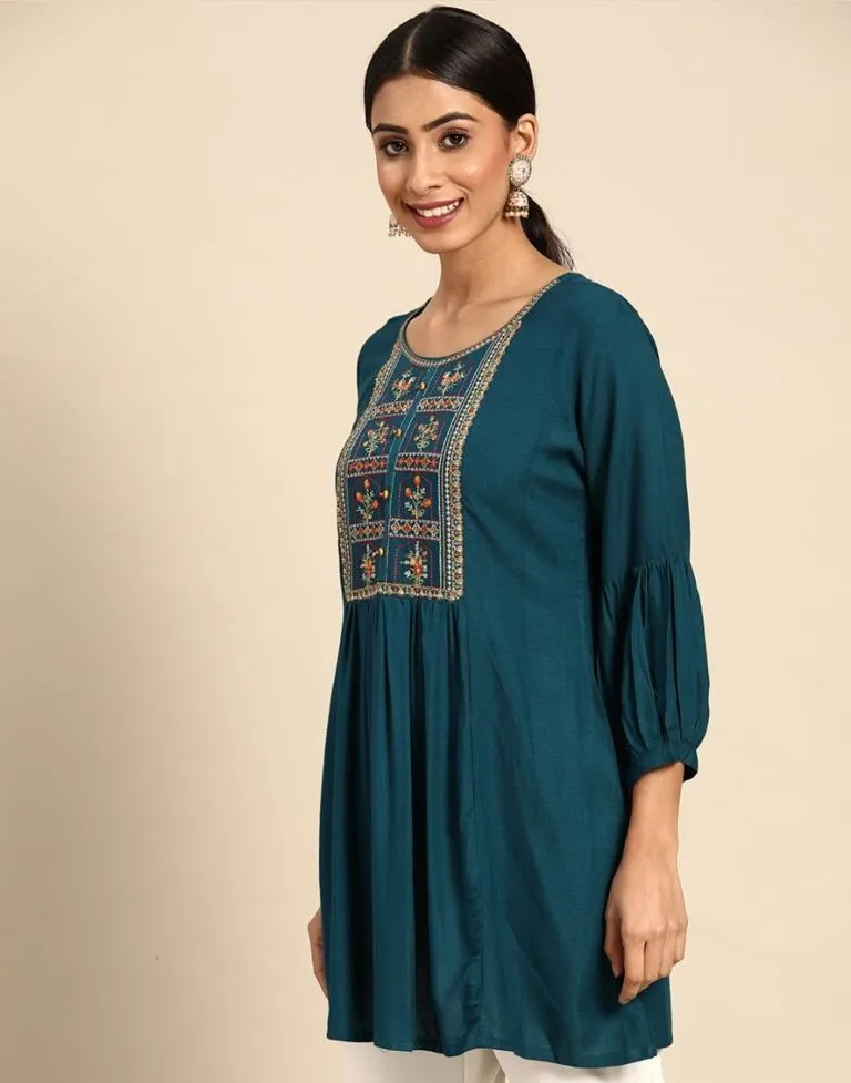 Teal Embroidered Casual Tops