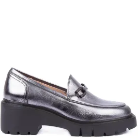 Unisa Jazz Silver Metallic Leather Black Sole Loafers