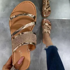 Women metallic shining peep toe flat slides