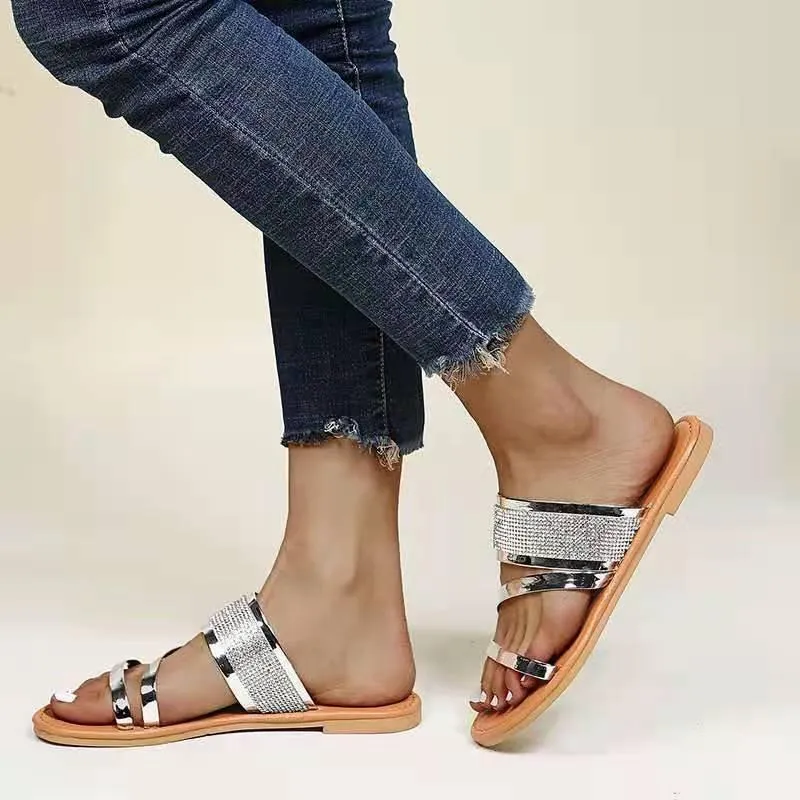 Women metallic shining peep toe flat slides