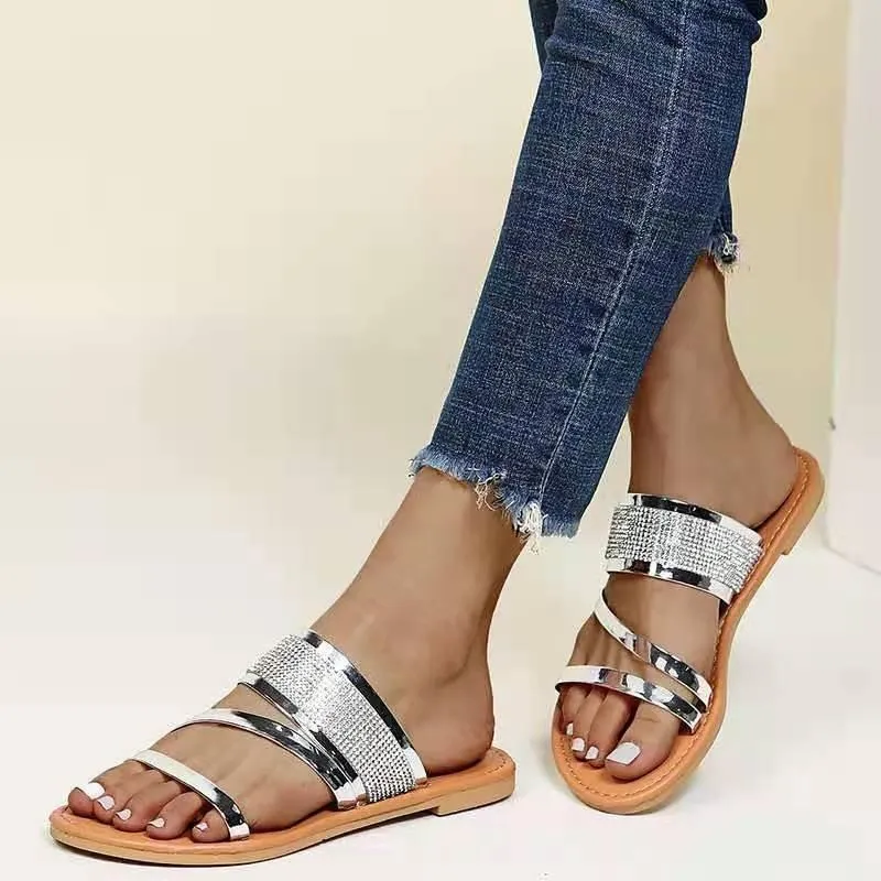 Women metallic shining peep toe flat slides