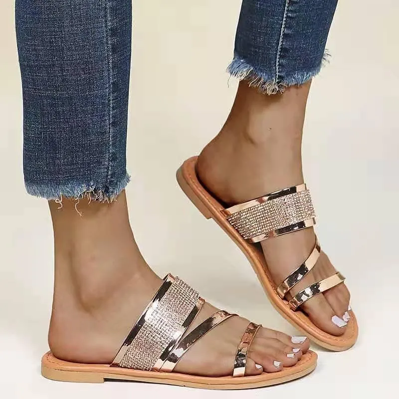 Women metallic shining peep toe flat slides