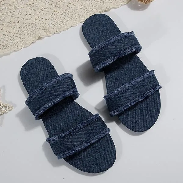 Women's Casual Tassel Denim Flat Slippers 60745159S