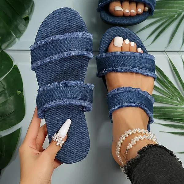 Women's Casual Tassel Denim Flat Slippers 60745159S
