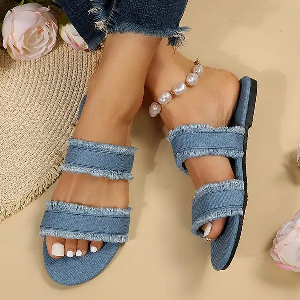Women's Casual Tassel Denim Flat Slippers 60745159S