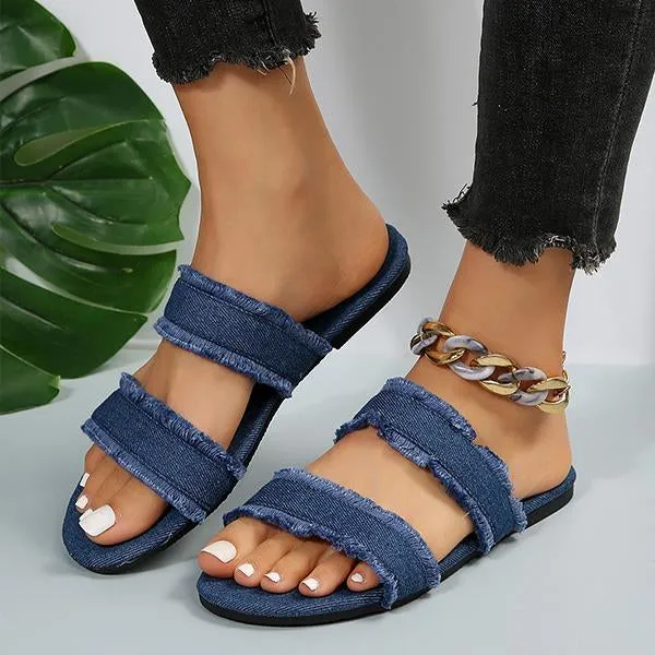 Women's Casual Tassel Denim Flat Slippers 60745159S