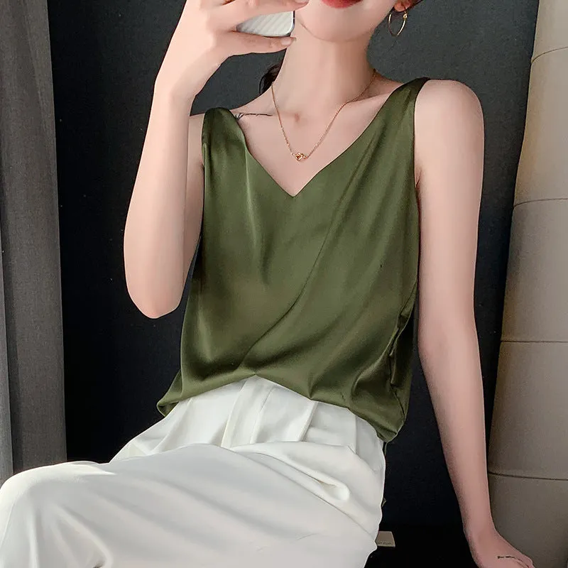 Women's  Casual V-Neck Satin Camisole Tank Top