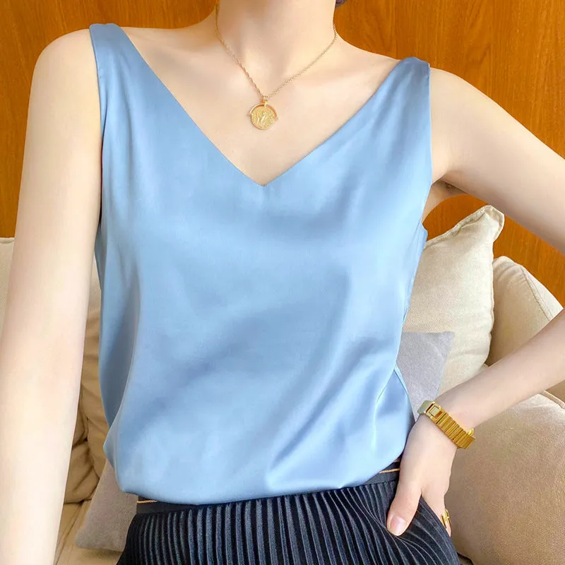 Women's  Casual V-Neck Satin Camisole Tank Top