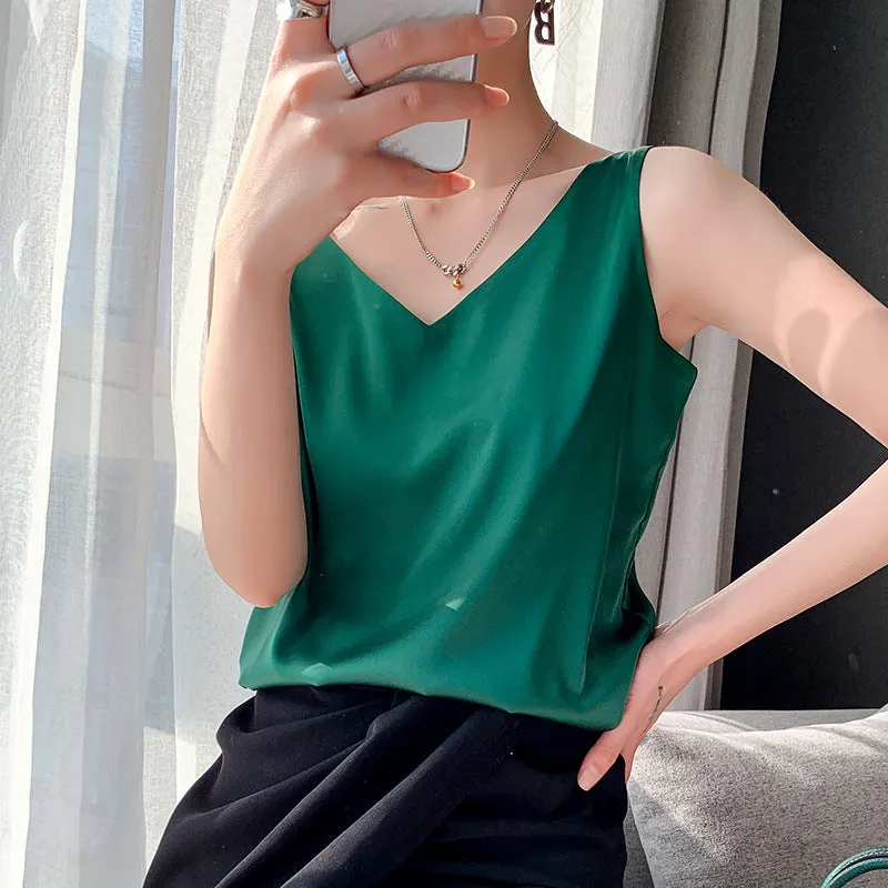 Women's  Casual V-Neck Satin Camisole Tank Top