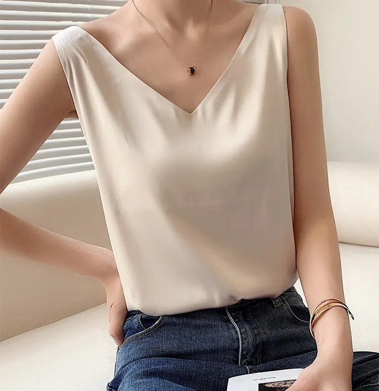 Women's  Casual V-Neck Satin Camisole Tank Top
