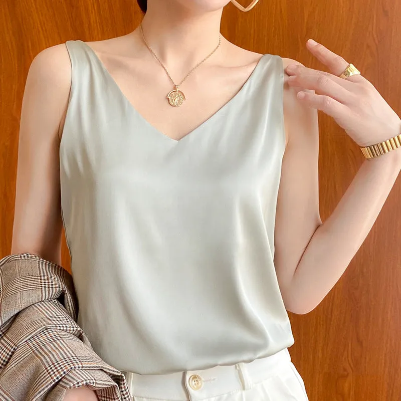 Women's  Casual V-Neck Satin Camisole Tank Top