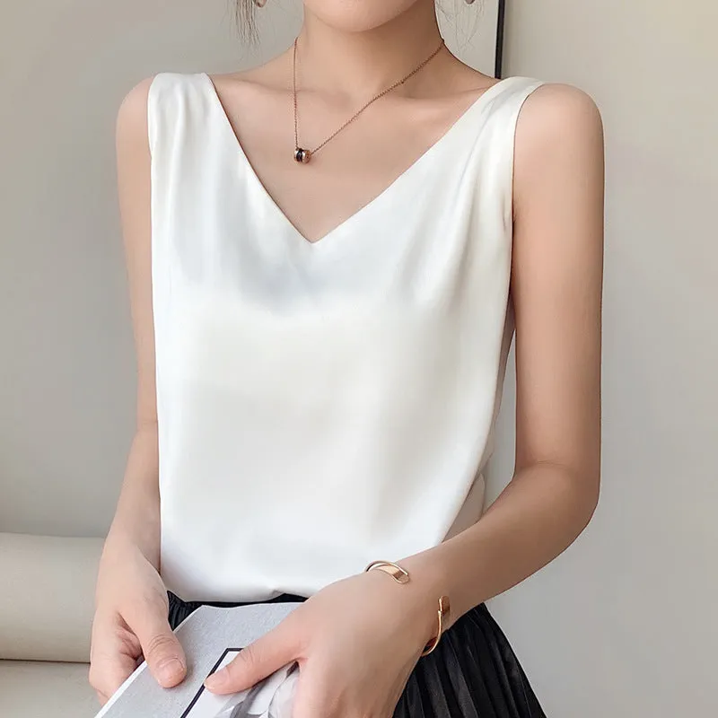 Women's  Casual V-Neck Satin Camisole Tank Top