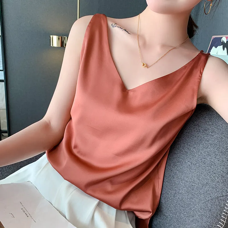 Women's  Casual V-Neck Satin Camisole Tank Top