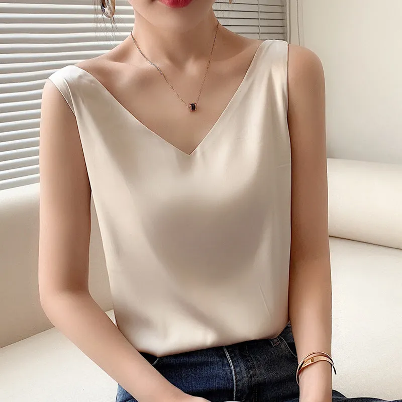 Women's  Casual V-Neck Satin Camisole Tank Top