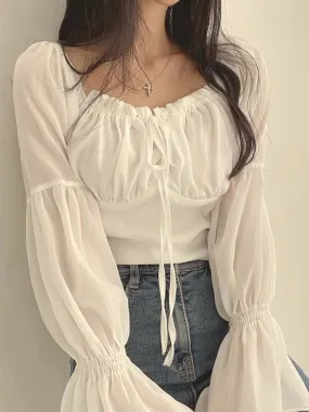 Women's Drawstring Corset Fashion Designer Blouse Lantern Long-Sleeve Tops