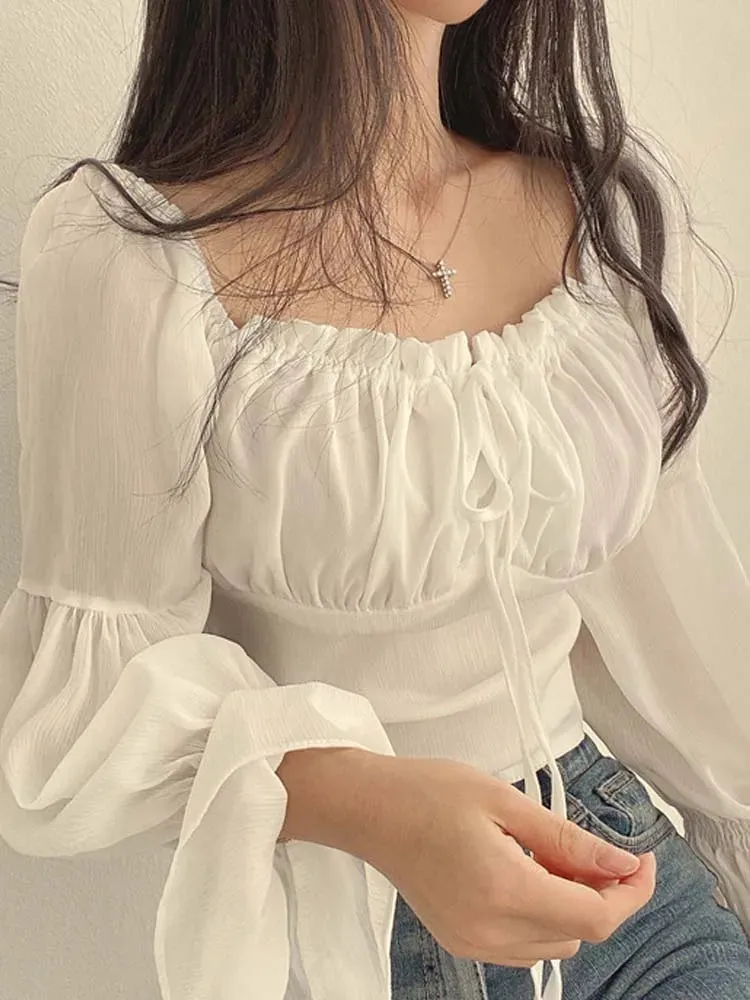 Women's Drawstring Corset Fashion Designer Blouse Lantern Long-Sleeve Tops
