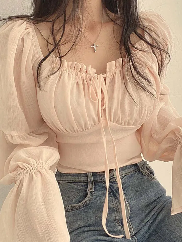 Women's Drawstring Corset Fashion Designer Blouse Lantern Long-Sleeve Tops