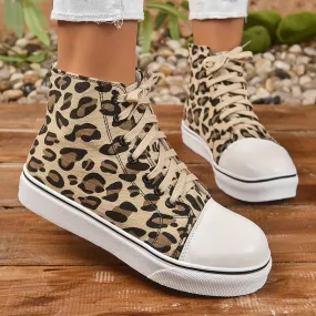 Women's Leopard Trainers Shoes Lace Up High Top Shoes