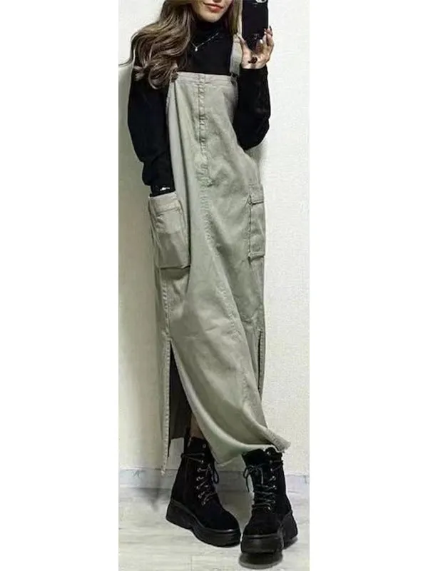 Women's Relaxed Fit Overall Dress with Side Slits