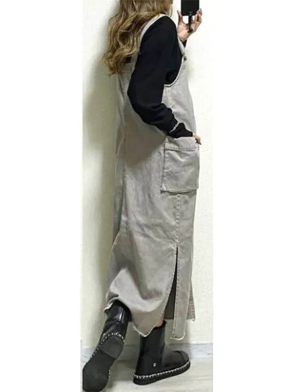 Women's Relaxed Fit Overall Dress with Side Slits
