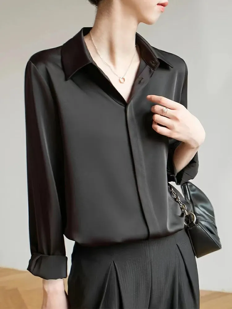Women's Satin Office Fashion Designer Lantern Long-Sleeve Tops