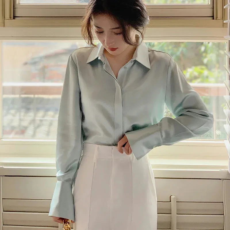 Women's Satin Office Fashion Designer Lantern Long-Sleeve Tops