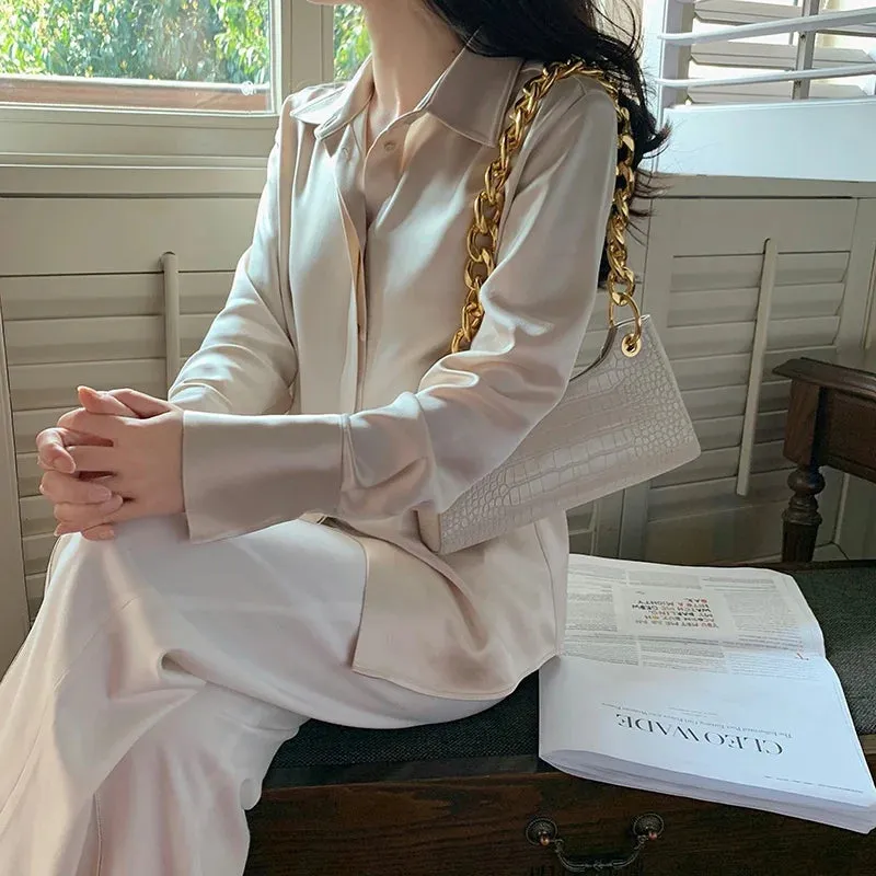 Women's Satin Office Fashion Designer Lantern Long-Sleeve Tops